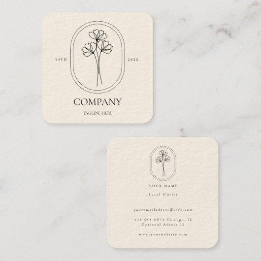 Einfache Creme Floral Business Card für mit Logo Quadratische Visitenkarte (Vorne/Hinten)
