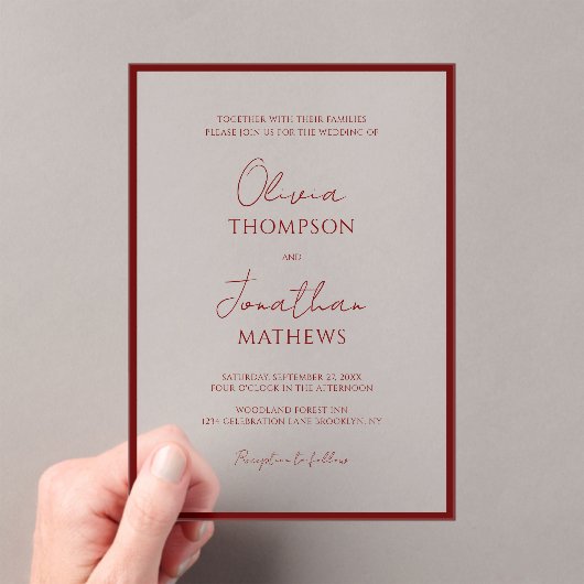 Einfache Crimson Red Border Script Hochzeit Acryleinladungen (Insitu (Handheld))