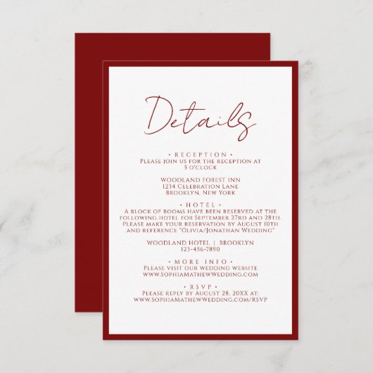 Einfache Crimson Red Border Script Hochzeitsdetail Begleitkarte (Vorne/Hinten)