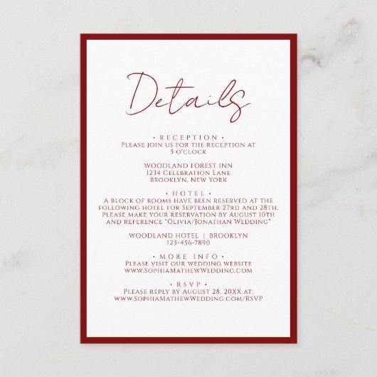 Einfache Crimson Red Border Script Hochzeitsdetail Begleitkarte (Vorderseite)