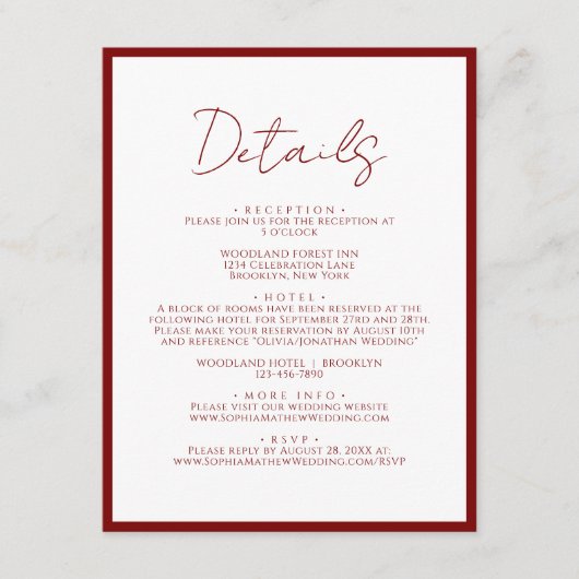 Einfache Crimson Red Border Script Hochzeitsdetail Begleitkarte (Vorderseite)