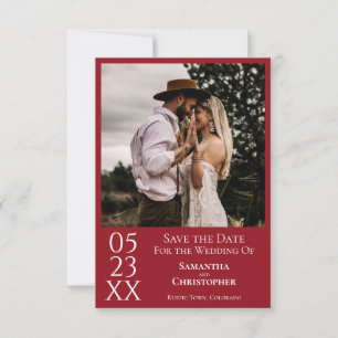 Einfache Crimson Red Modern Minimal Foto Hochzeit Save The Date