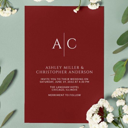 Einfache Crimson Red Monogram Hochzeit Einladung