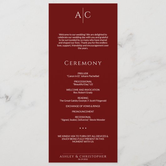 Einfache Crimson Red Monogram Hochzeitfeier Programm (Vorderseite)