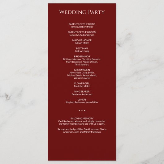 Einfache Crimson Red Monogram Hochzeitfeier Programm (Rückseite)