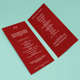 Einfache Crimson Red Monogram Hochzeitfeier Programm