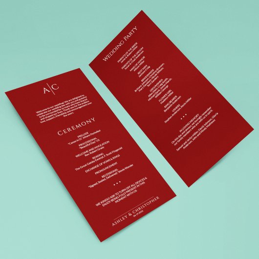 Einfache Crimson Red Monogram Hochzeitfeier Programm