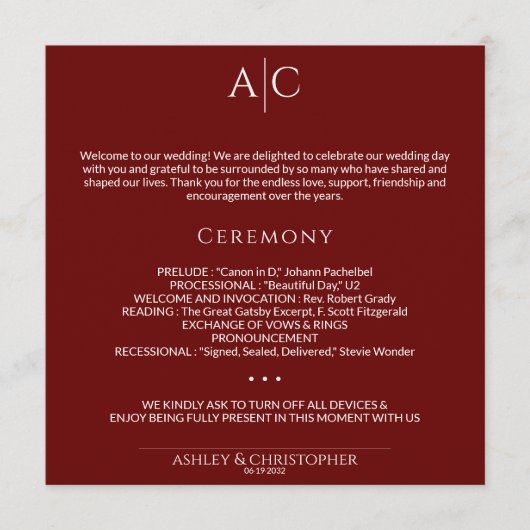 Einfache Crimson Red Monogram Hochzeitfeier Programm (Vorderseite)