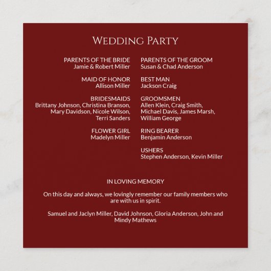 Einfache Crimson Red Monogram Hochzeitfeier Programm (Rückseite)