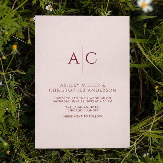 Einfache Crimson Red & Rose Monogram Wedding Einladung