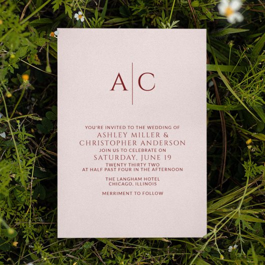 Einfache Crimson Red & Rose Monogram Wedding Einladung