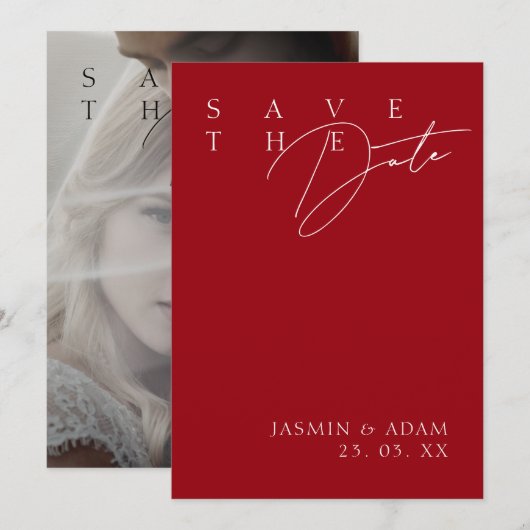 Einfache Crimson Red White Modern Foto Hochzeit Save The Date (Vorne/Hinten)