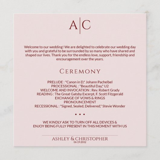 Einfache Crimson & Rose Monogram-Hochzeit Programm (Vorderseite)