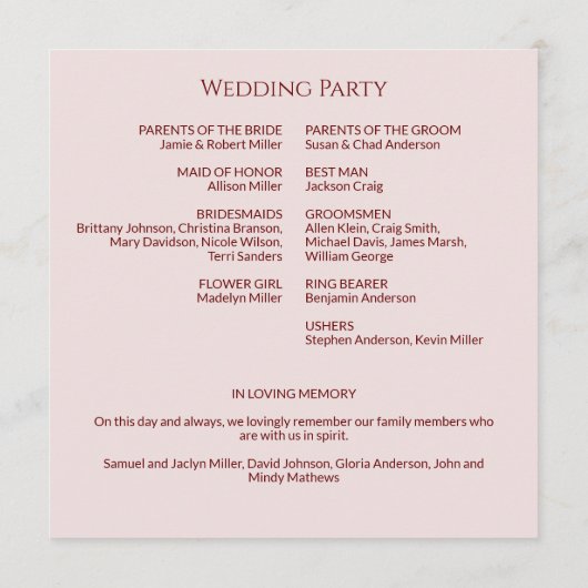 Einfache Crimson & Rose Monogram-Hochzeit Programm (Rückseite)