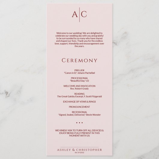 Einfache Crimson & Rose Monogram-Hochzeit Programm (Vorderseite)