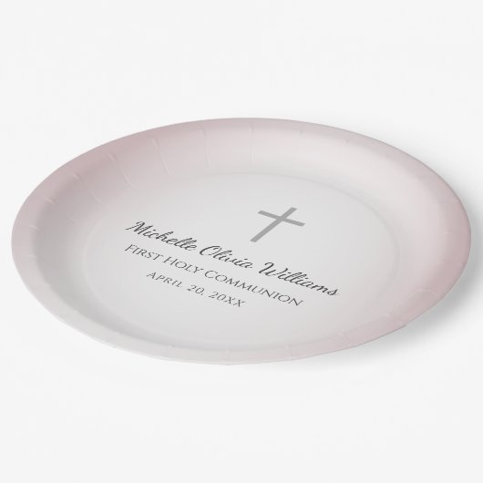 Einfache Cross Rose Gold Erstkommunionsfeier Pappteller (Schrägansicht)
