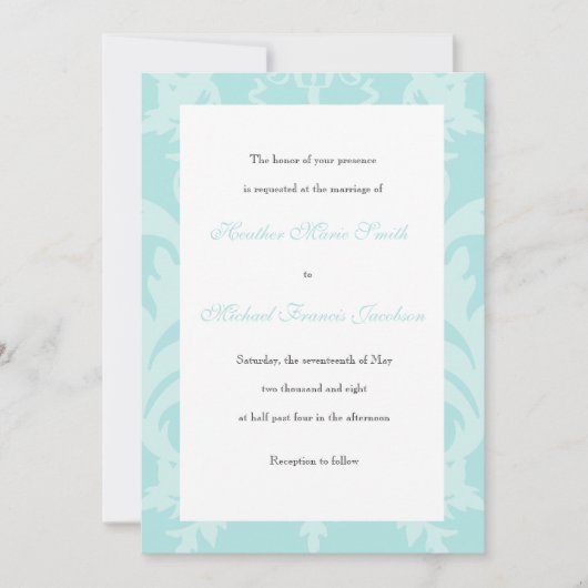 Einfache Damask Robin's Ei Blue Wedding Einladung (Vorderseite)
