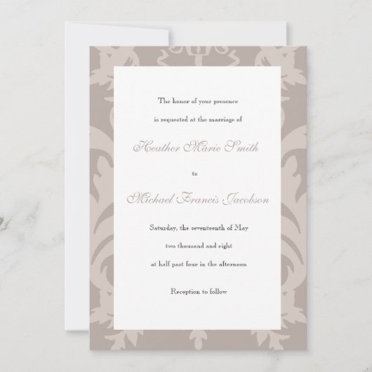 Einfache Damask Taupe Hochzeit Einladung (Vorderseite)