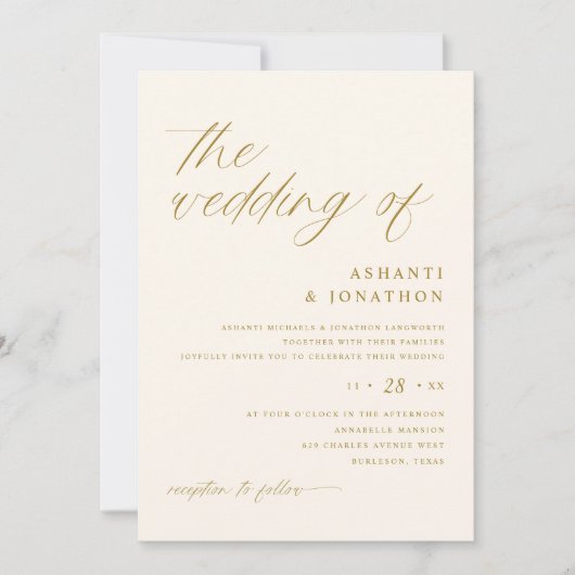 Einfache Delikate-Hochzeit mit Gold und Elfenbeins Einladung (Vorderseite)