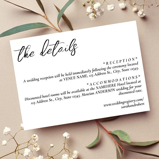 Einfache Details zur weißen Hochzeit Begleitkarte