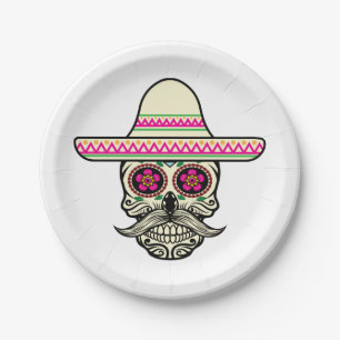 Einfache Dia de Muertos Skull mit Hat   Papiertell Pappteller