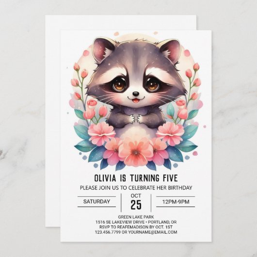 Einfache digitale Raccoon Girl Birthday Einladung (Vorne/Hinten)