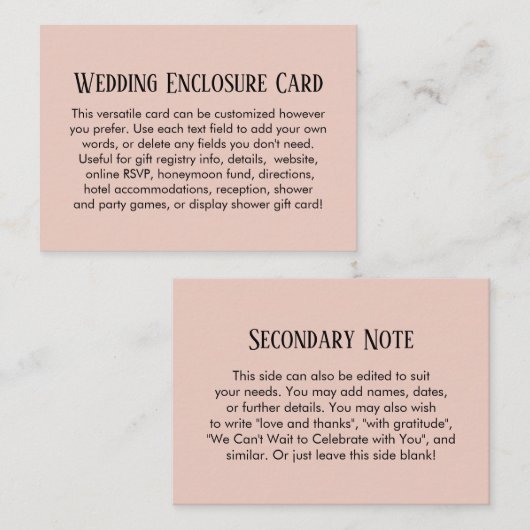 Einfache DIY Custom Wedding Blush Pink Begleitkarte (Vorne/Hinten)