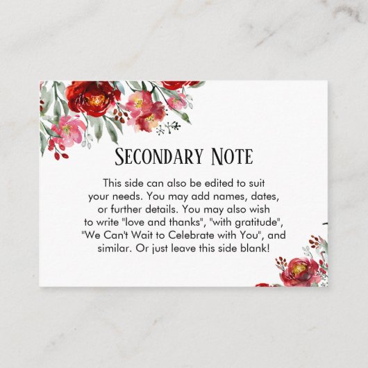 Einfache DIY Custom Wedding Red & Pink Blume Begleitkarte (Rückseite)