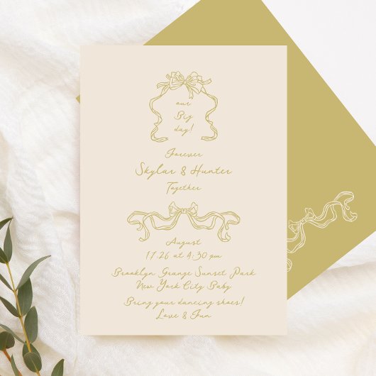 Einfache Doodle handgeschriebene Bow Cream Moss We Einladung