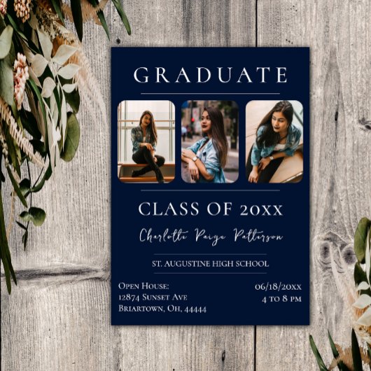 Einfache Drei-Foto-Abschluss | Navy Blue Einladung