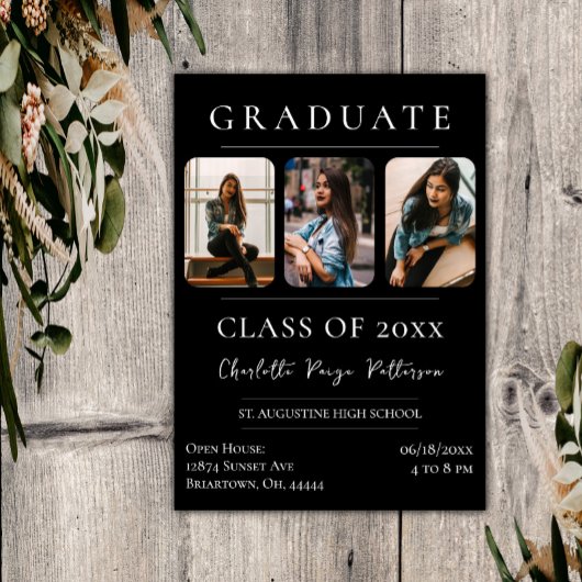 Einfache Drei-Foto-Abschluss | Schwarz Einladung