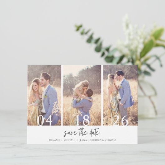 Einfache Drei-Foto-Hochzeit speichern Sie das Datu Save The Date (Stehend Vorderseite)