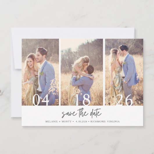 Einfache Drei-Foto-Hochzeit speichern Sie das Datu Save The Date (Vorderseite)