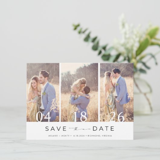 Einfache Drei-Foto-Hochzeit speichern Sie das Datu Save The Date (Stehend Vorderseite)