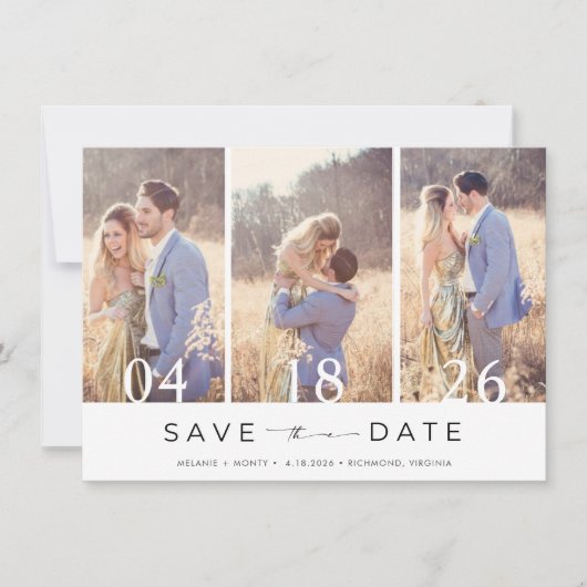 Einfache Drei-Foto-Hochzeit speichern Sie das Datu Save The Date (Vorderseite)