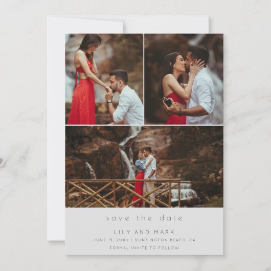 Einfache Drei-Foto-Hochzeit speichern Sie das Datu Save The Date (Vorderseite)