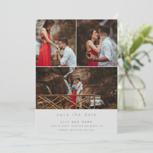 Einfache Drei-Foto-Hochzeit speichern Sie das Datu Save The Date (Stehend Vorderseite)
