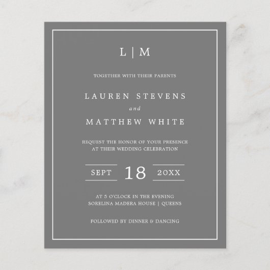 Einfache dunkelgraue Monogramm-Hochzeit Einladung (Vorderseite)