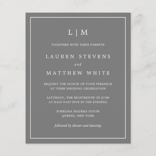 Einfache dunkelgraue Monogramm-Hochzeit Einladung (Vorderseite)