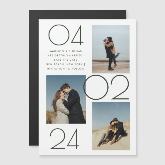 Einfache dunkelgrüne 3-Foto-Hochzeit speichern Sie Magneteinladung (Vorne/Hinten)