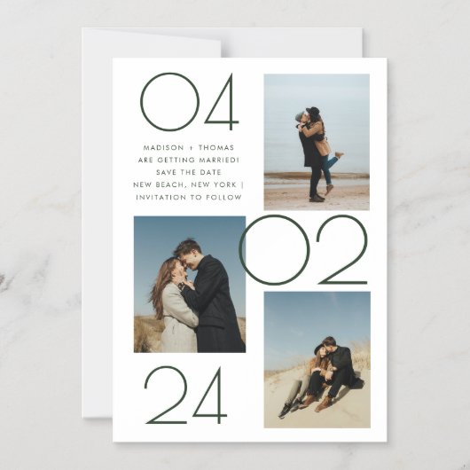 Einfache dunkelgrüne 3-Foto-Hochzeit speichern Sie Magneteinladung (Vorderseite)