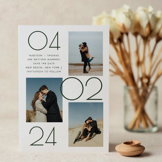 Einfache dunkelgrüne 3-Foto-Hochzeit speichern Sie Magneteinladung