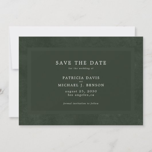 Einfache, dunkelgrüne, elegante Hochzeit Save The Date (Vorderseite)