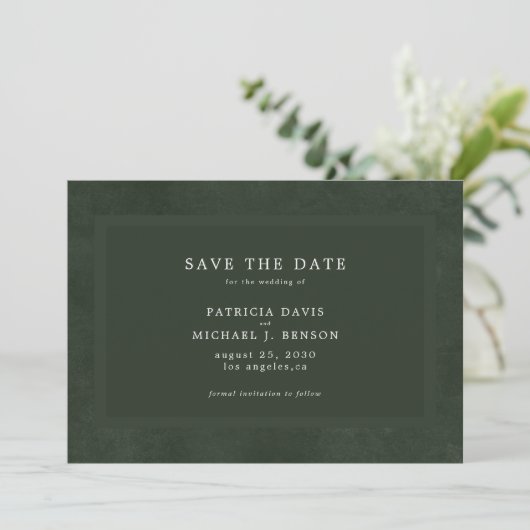 Einfache, dunkelgrüne, elegante Hochzeit Save The Date (Stehend Vorderseite)