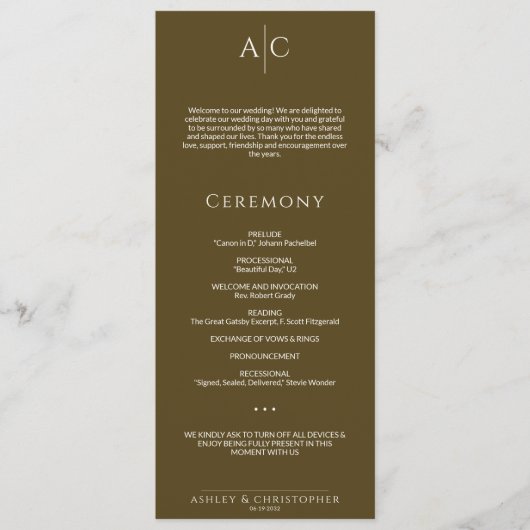 Einfache dunkle Bronze Monogram-Hochzeitfeier Programm (Vorderseite)