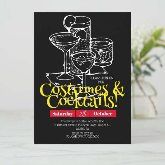Einfache dunkle Kostüme und Cocktail-Halloween-Par Einladung (Stehend Vorderseite)