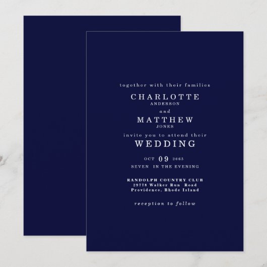 Einfache dunkle Marinehochzeit Einladung (Vorne/Hinten)