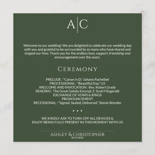 Einfache dunkle Moosgrün-Monogramm-Hochzeitfeier Programm (Vorderseite)