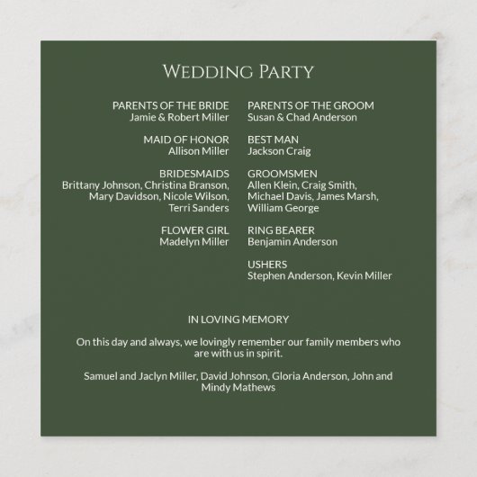 Einfache dunkle Moosgrün-Monogramm-Hochzeitfeier Programm (Rückseite)