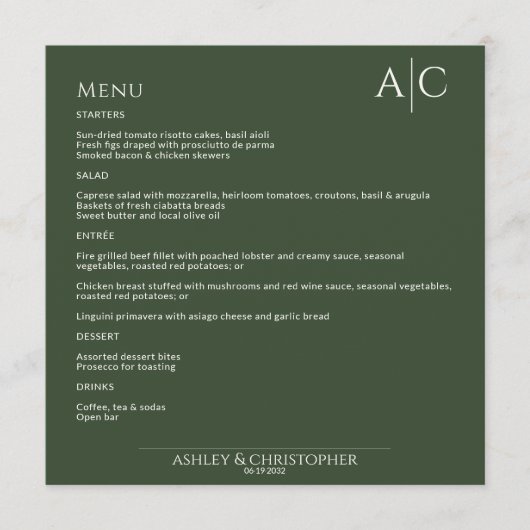 Einfache dunkle Moosgrün-Monogramm-Hochzeitsempfeh Menükarte (Vorderseite)